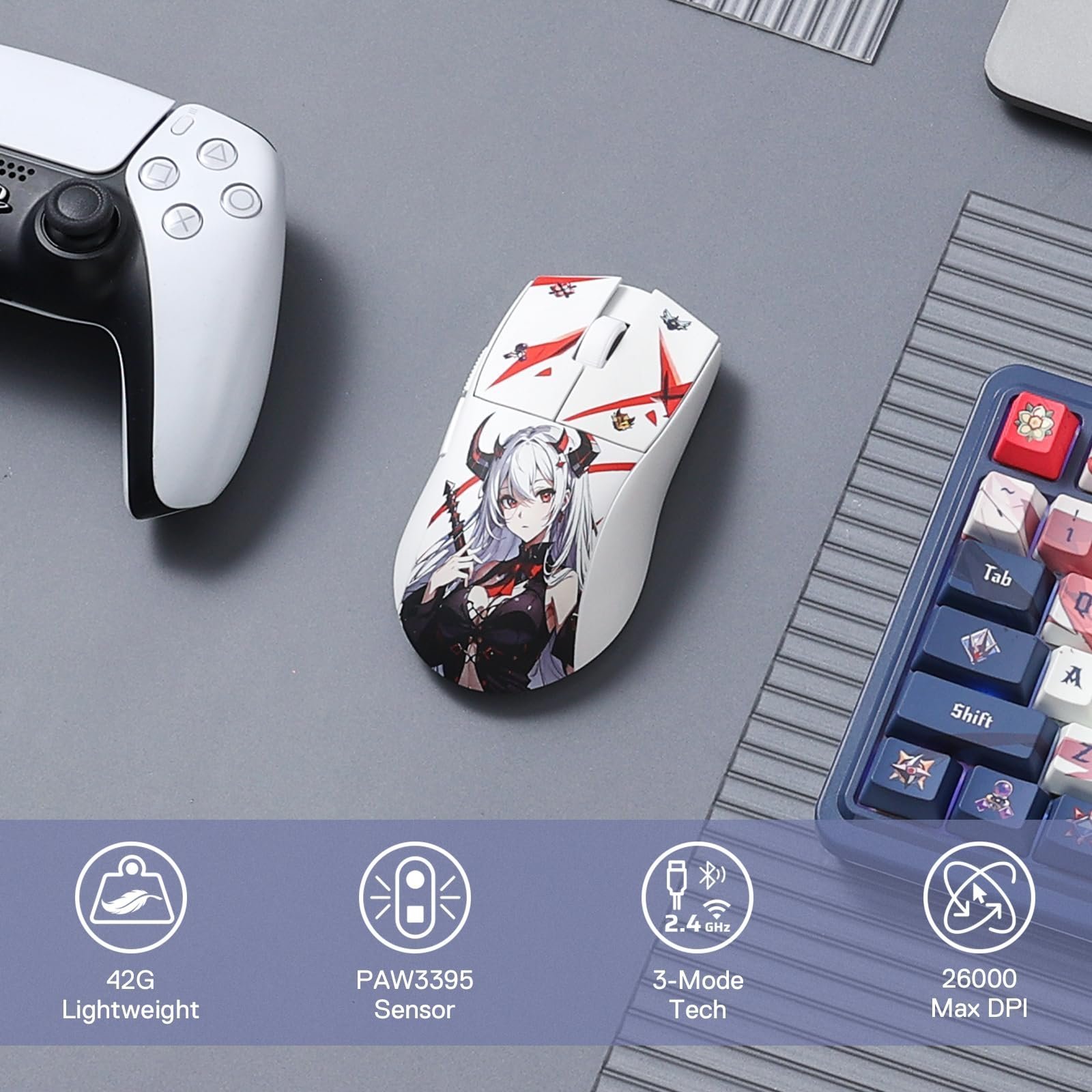 M916AK PRO 3-Mode Anime Gaming Mouse,Bluetooth,Wireless,USB-C 42G Ultra-Light 26K DPI w/Ergonomic Natural Grip Build,Full Programmable Buttons,Software Supports DIY Keybinds & DPI - Image 2