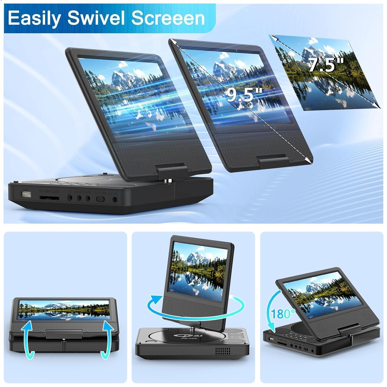 BHARMAL-9.5" Portable DVD Player with 7.5" Swivel Display Screen, 5-Hour Built-in Rechargeable Battery, Car DVD Player,Supports SD Card/USB/CD/DVD - Image 5