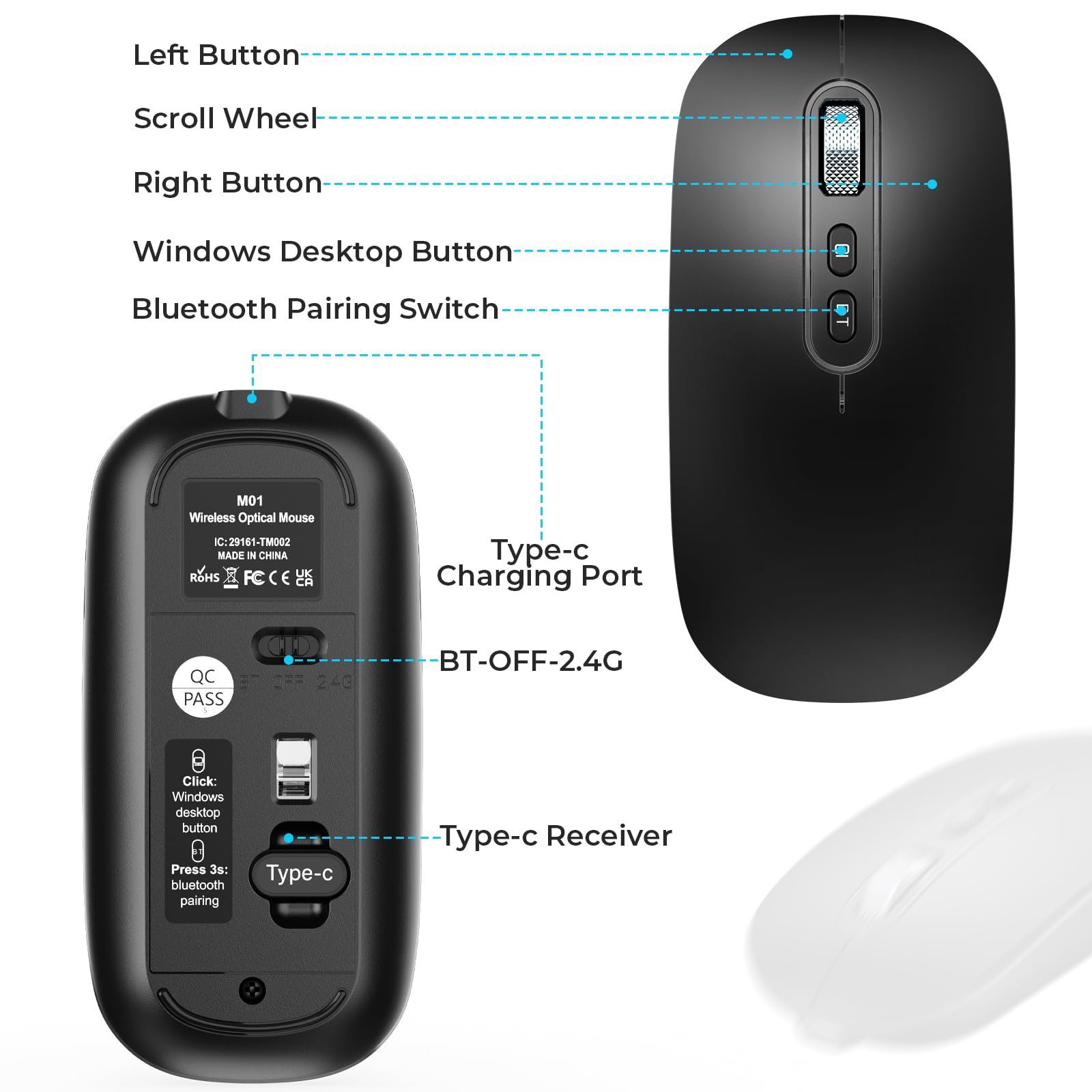 USB C Wireless Mouse, Rechargeable Dual-Mode Mouse(Type C and Bluetooth), Silent Mice for MacBook Air/Pro, Slim Portable Travel Mice for iPad Laptop PC Computer - Black - Image 7