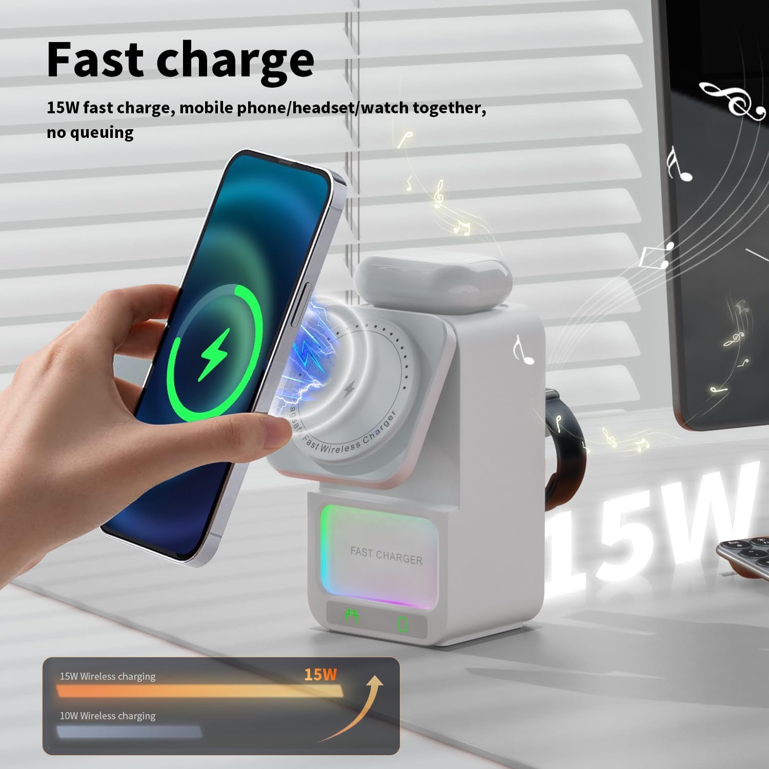 4 in 1 Magnetic Wireless Charging Station, Foldable Wireless Charger Stand with Bluetooth Speaker for iPhone 16 15 14 13 Series for AirPods 3/2/Pro for Apple Watch Ultra/SE/9/8/7/6/5/4/3/2/1 (Black) - Image 3