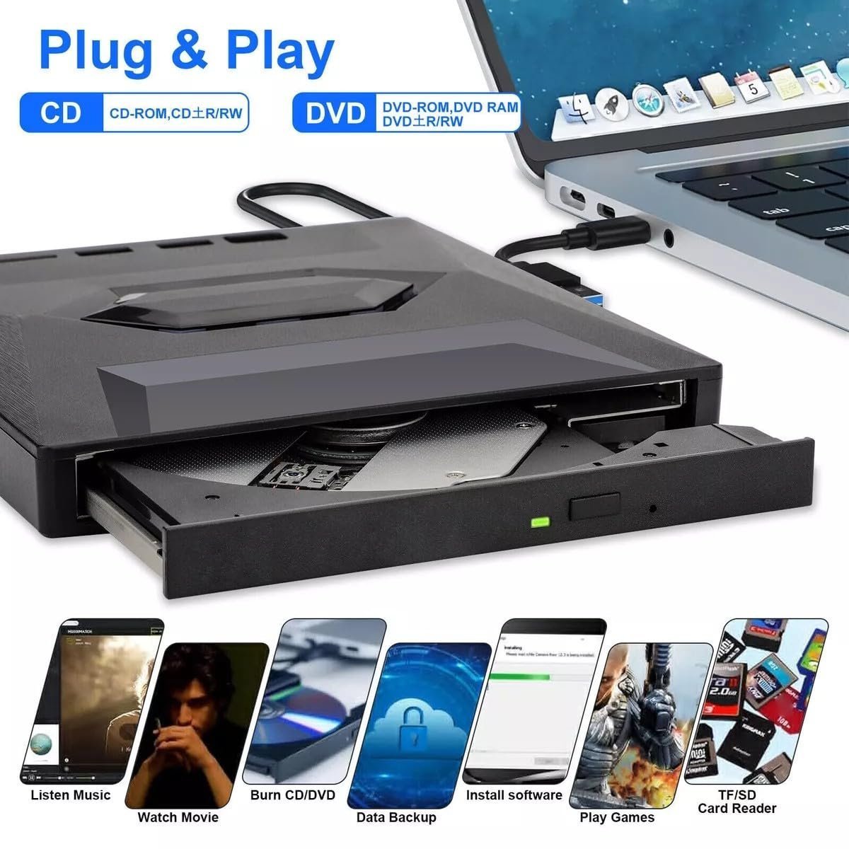 5 in 1 External CD DVD Drive USB 3.0 & Type-C Player Burner Portable +/-RW Disc Reader Writer With SD Card Slot and USB Ports for Laptop, Desktop, PC, Windows, Apple Mac, Computer - Image 6