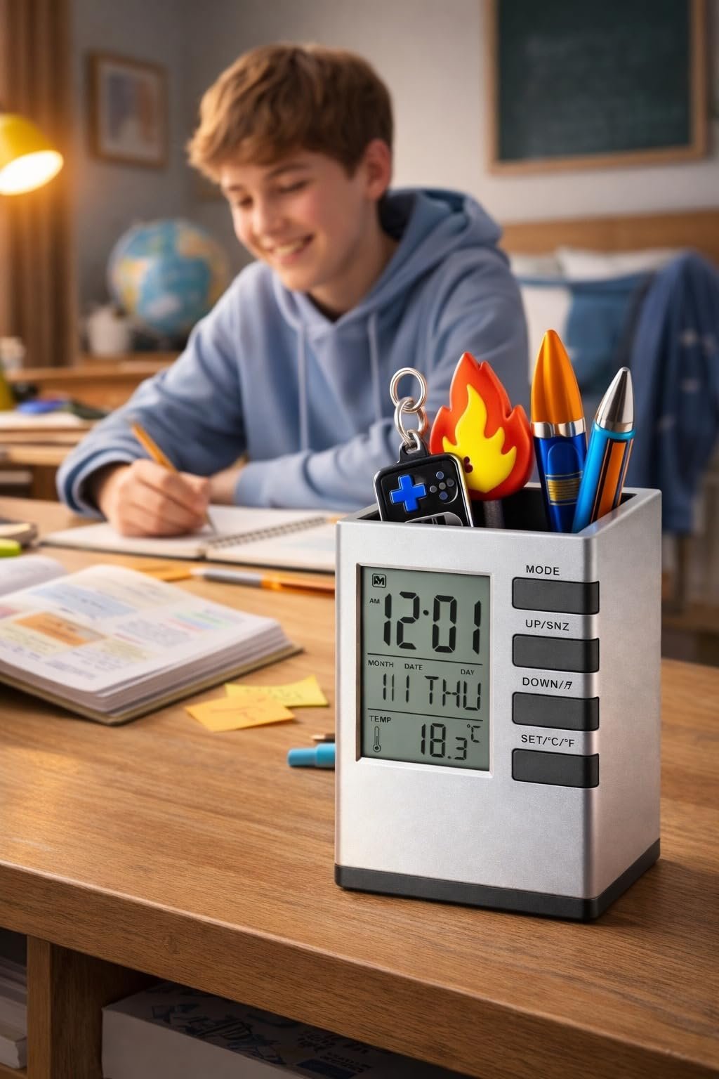 Silver Cube Digital Pen Stand Desk Organizer with Clock, Silver and Black Pen Holder with Temperature Display, Calendar, Alarm, Countdown Timer for Office and Home - Image 5