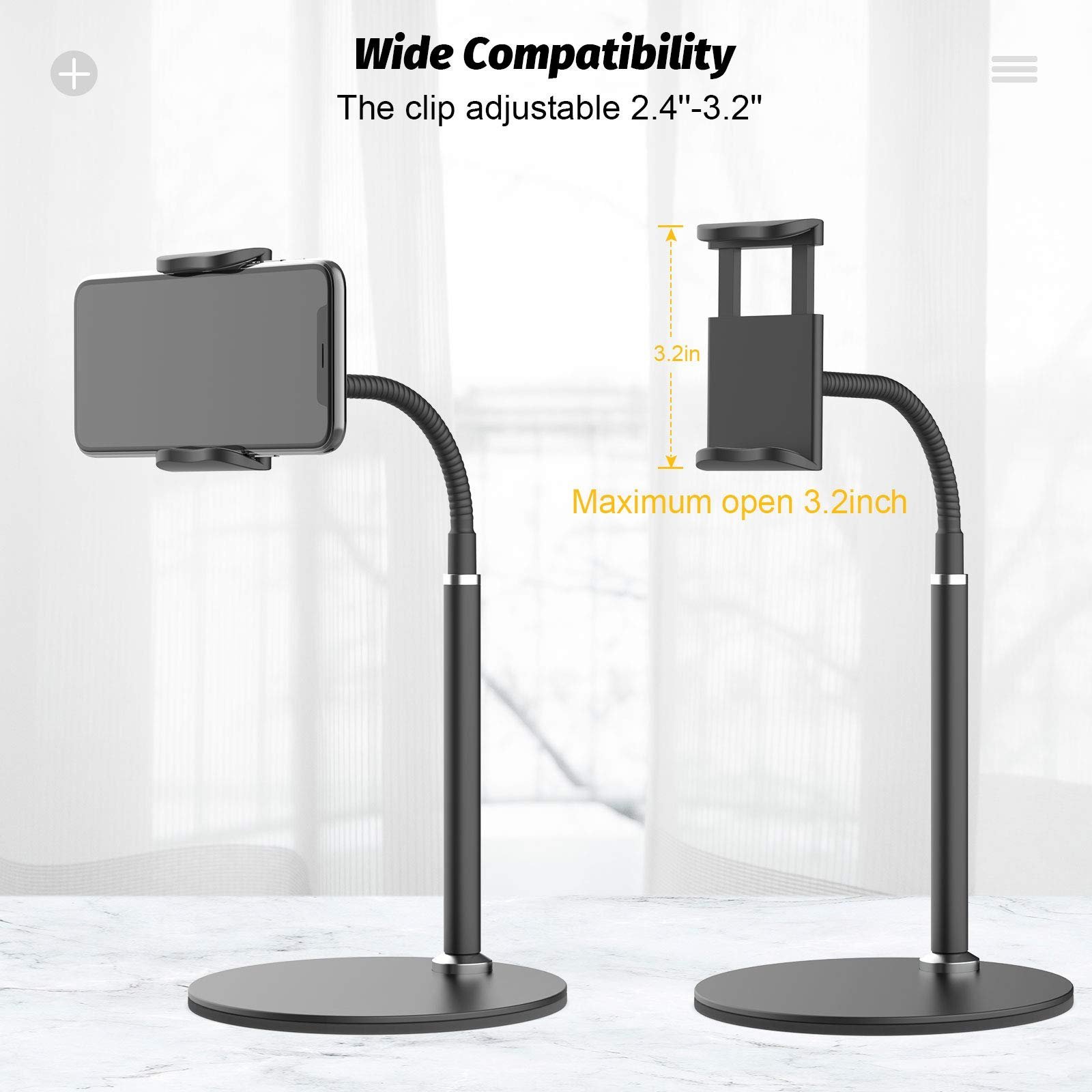 Cell Phone Stand, Adjustable Height & Angle Phone Holder Gooseneck Flexible Arm Universal Phone Stand for Desk, Aluminum Alloy Desktop Cell Phone Holder Compatible with 3.5″-6.5″ Device (Black)