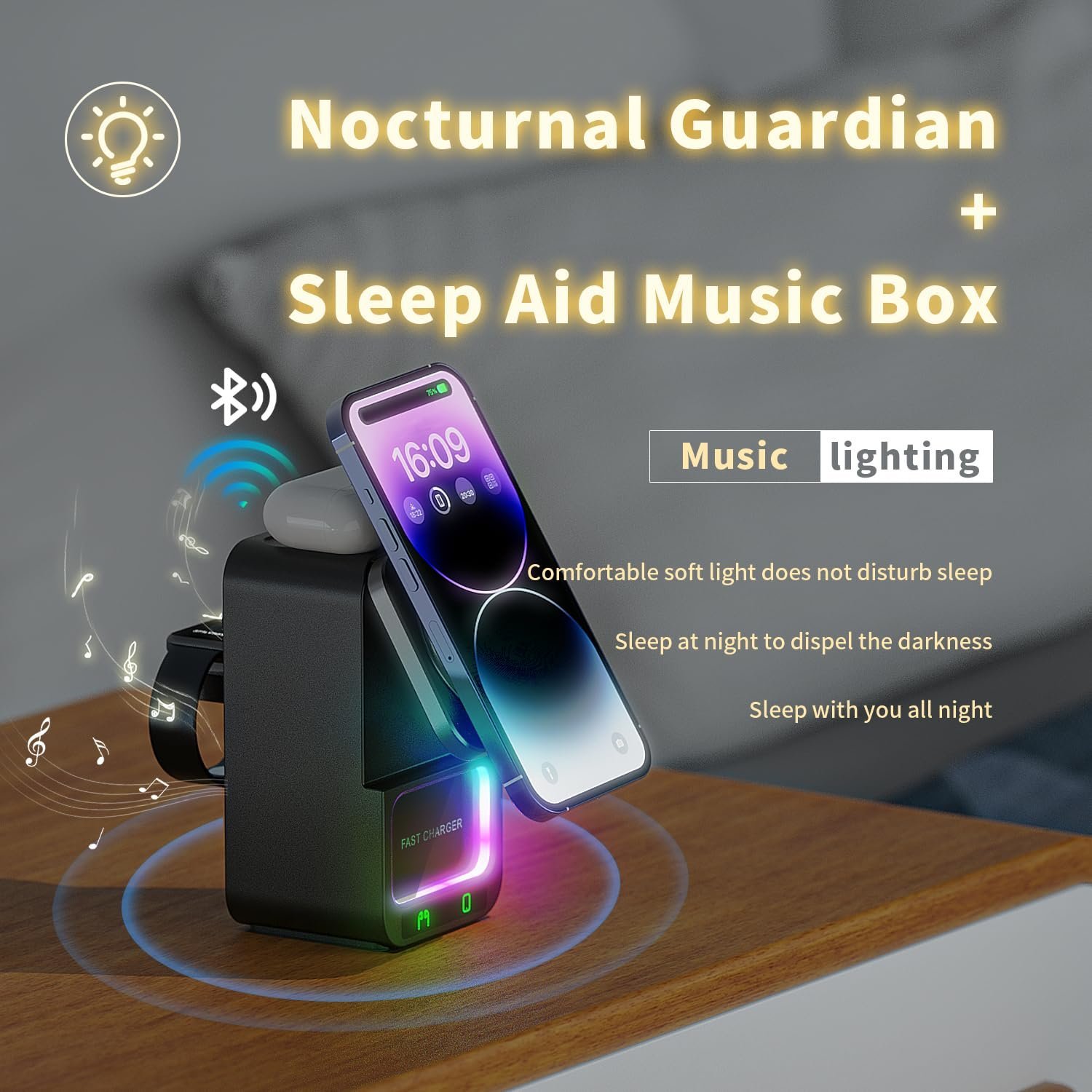 4 in 1 Magnetic Wireless Charging Station, Foldable Wireless Charger Stand with Bluetooth Speaker for iPhone 16 15 14 13 Series for AirPods 3/2/Pro for Apple Watch Ultra/SE/9/8/7/6/5/4/3/2/1 (Black) - Image 4