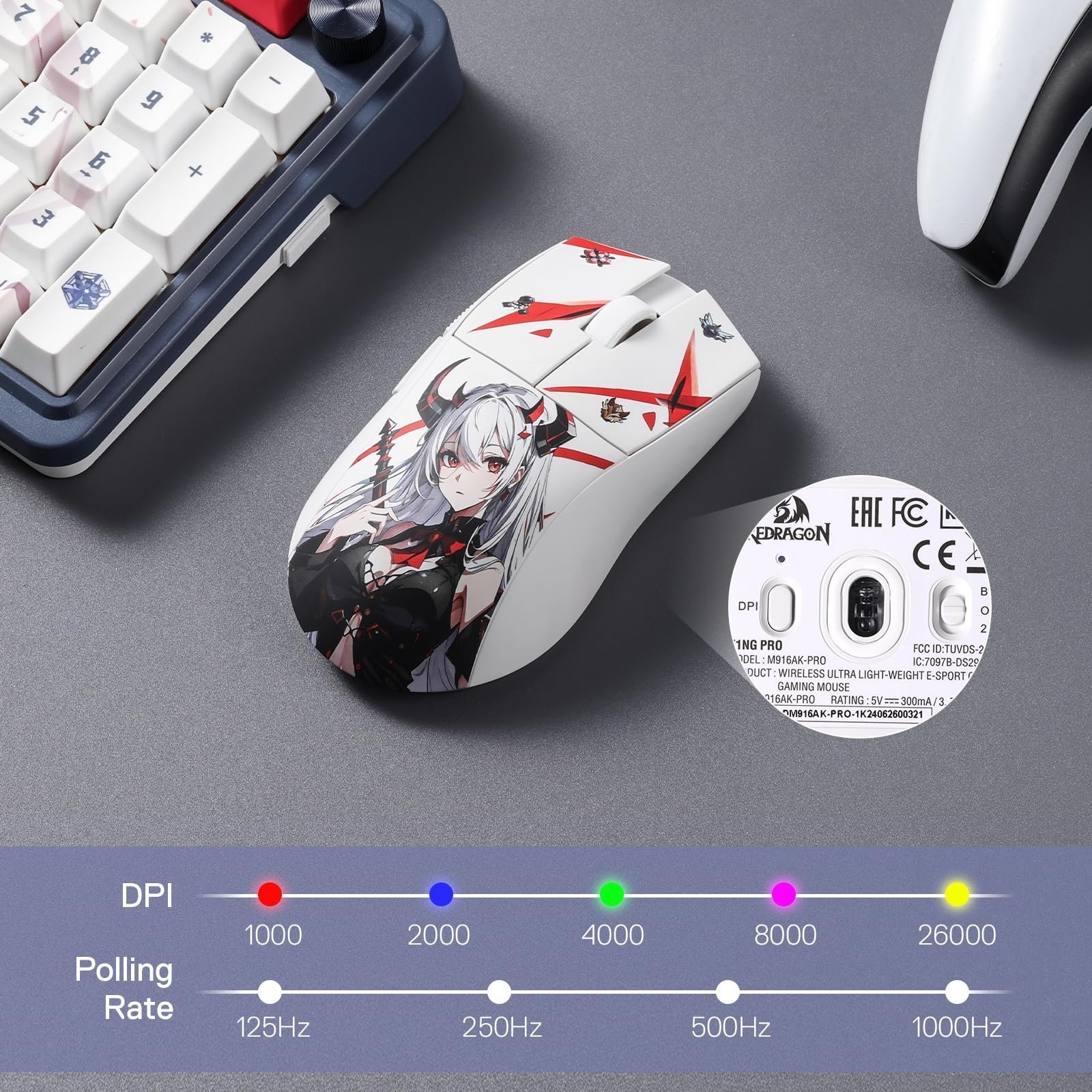 M916AK PRO 3-Mode Anime Gaming Mouse,Bluetooth,Wireless,USB-C 42G Ultra-Light 26K DPI w/Ergonomic Natural Grip Build,Full Programmable Buttons,Software Supports DIY Keybinds & DPI - Image 8
