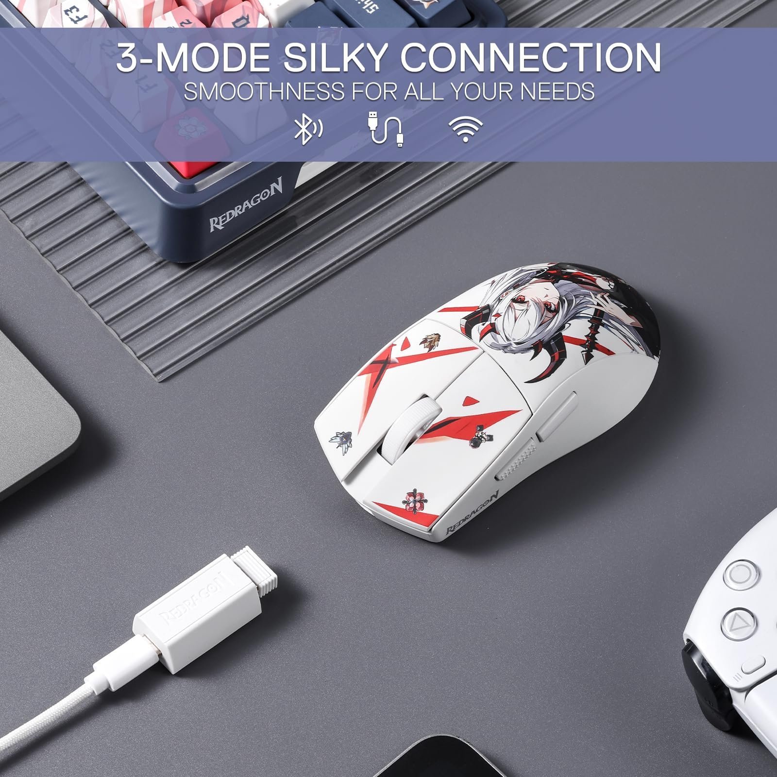 M916AK PRO 3-Mode Anime Gaming Mouse,Bluetooth,Wireless,USB-C 42G Ultra-Light 26K DPI w/Ergonomic Natural Grip Build,Full Programmable Buttons,Software Supports DIY Keybinds & DPI - Image 3