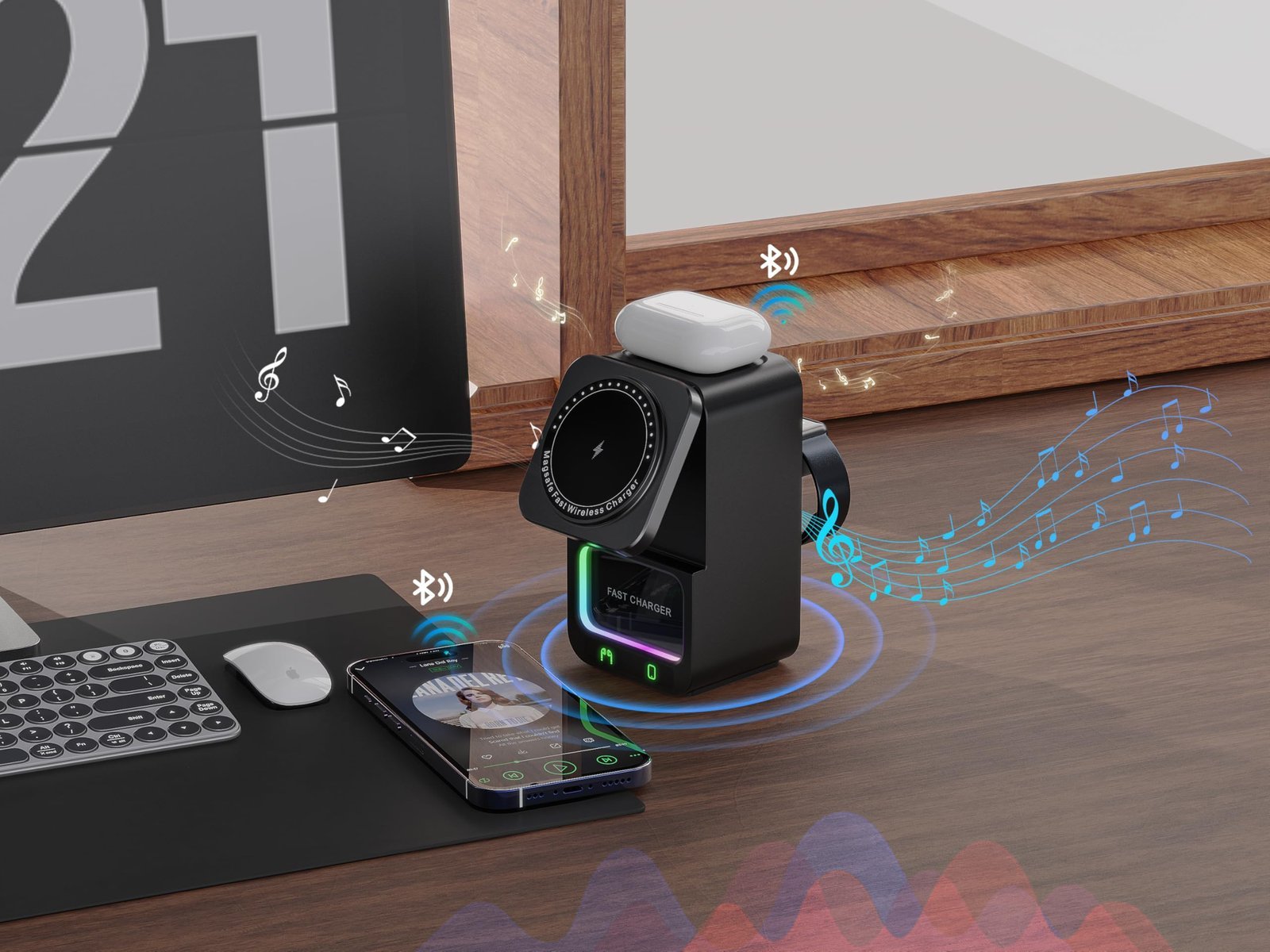 4 in 1 Magnetic Wireless Charging Station, Foldable Wireless Charger Stand with Bluetooth Speaker for iPhone 16 15 14 13 Series for AirPods 3/2/Pro for Apple Watch Ultra/SE/9/8/7/6/5/4/3/2/1 (Black) - Image 5