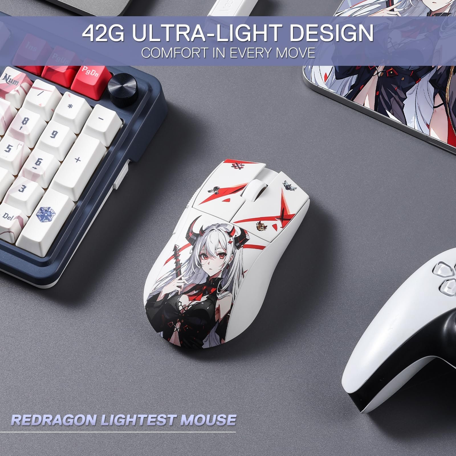 M916AK PRO 3-Mode Anime Gaming Mouse,Bluetooth,Wireless,USB-C 42G Ultra-Light 26K DPI w/Ergonomic Natural Grip Build,Full Programmable Buttons,Software Supports DIY Keybinds & DPI - Image 4